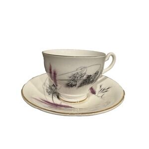 VINTAGE OLD ROYAL TEA CUP & SAUCER - PLUM AND GRAY GRASSES - ENGLAND